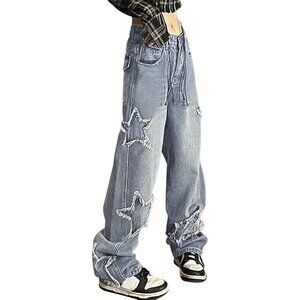 Womens Y2K Baggy Jeans Denim High Waist Star Patch Grunge Straight Leg